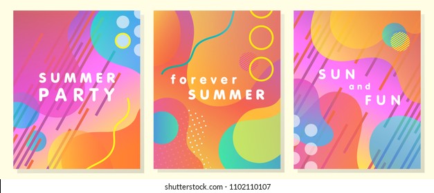 Unique artistic summer cards with bright gradient background,shapes and geometric elements in memphis style.Abstract design cards perfect for prints,flyers,banners,invitations,special offer and more.