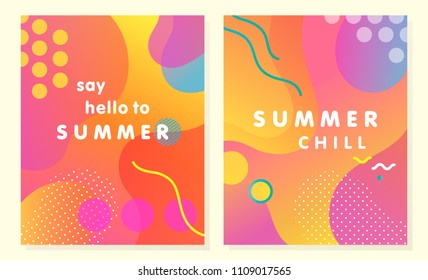 Unique artistic summer cards with bright gradient background,shapes and geometric elements in memphis style.Abstract design cards perfect for prints,flyers,banners,invitations,special offer and more.