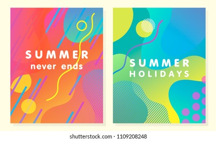 Unique artistic summer cards with bright gradient background,shapes and geometric elements in memphis style.Abstract design cards perfect for prints,flyers,banners,invitations,special offer and more.