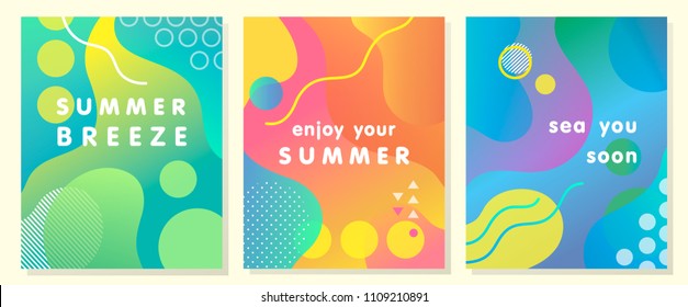 Unique artistic summer cards with bright gradient background,shapes and geometric elements in memphis style.Abstract design cards perfect for prints,flyers,banners,invitations,special offer and more.