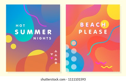 Unique artistic summer cards with bright gradient background,shapes and geometric elements in memphis style.Abstract design cards perfect for prints,flyers,banners,invitations,special offer and more.
