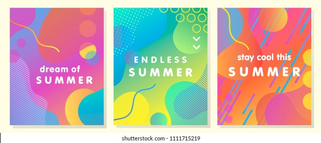 Unique artistic summer cards with bright gradient background,shapes and geometric elements in memphis style.Abstract design cards perfect for prints,flyers,banners,invitations,special offer and more.