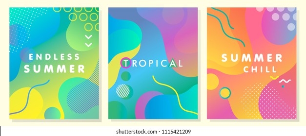 Tarjetas de verano artísticas únicas con fondo de gradiente brillante, formas y elementos geométricos en estilo memphis.Tarjetas de diseño abstracto perfectas para impresiones, volantes, banners, invitaciones, ofertas especiales y más.