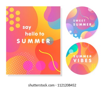 Unique artistic summer cards with bright gradient background,shapes and geometric elements in memphis style.Abstract design cards perfect for prints,flyers,banners,invitations,special offer and more.