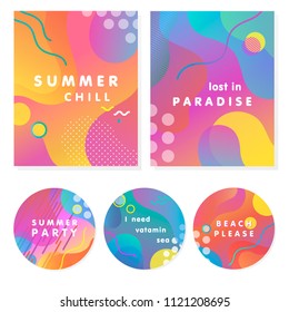 Unique artistic summer cards with bright gradient background,shapes and geometric elements in memphis style.Abstract design cards perfect for prints,flyers,banners,invitations,special offer and more.