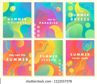 Unique artistic summer cards with bright gradient background,shapes and geometric elements in memphis style.Abstract design cards perfect for prints,flyers,banners,invitations,special offer and more.