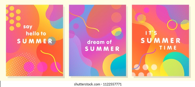 Unique artistic summer cards with bright gradient background,shapes and geometric elements in memphis style.Abstract design cards perfect for prints,flyers,banners,invitations,special offer and more.