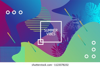 Unique artistic summer cards with bright gradient background, tropical leaves, shapes and geometric elements in memphis style.Abstract design cards perfect for prints, flyers, banners, and invitations