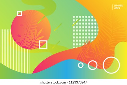 Unique artistic summer cards with bright gradient background, tropical leaves, shapes and geometric elements in memphis style.Abstract design cards perfect for prints, flyers, banners, and invitations