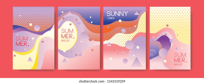 Unique artistic summer cards with bright gradient background,shapes and geometric elements in memphis style.Abstract design cards perfect for prints,flyers,banners,invitations,special offer and more.