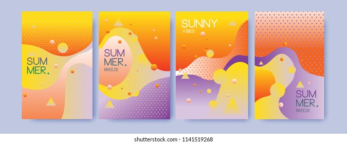 Unique artistic summer cards with bright gradient background,shapes and geometric elements in memphis style.Abstract design cards perfect for prints,flyers,banners,invitations,special offer and more.