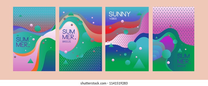 Unique artistic summer cards with bright gradient background,shapes and geometric elements in memphis style.Abstract design cards perfect for prints,flyers,banners,invitations,special offer and more.