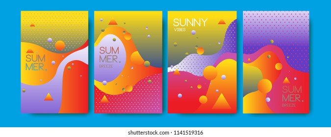 Unique artistic summer cards with bright gradient background,shapes and geometric elements in memphis style.Abstract design cards perfect for prints,flyers,banners,invitations,special offer and more.