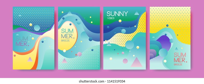 Unique artistic summer cards with bright gradient background,shapes and geometric elements in memphis style.Abstract design cards perfect for prints,flyers,banners,invitations,special offer and more.