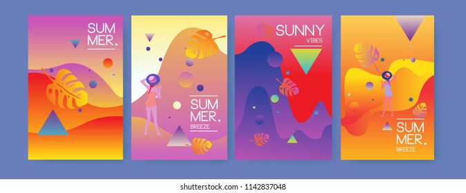 Unique artistic summer cards with bright gradient background,shapes and geometric elements in memphis style.Abstract design cards perfect for prints,flyers,banners,invitations,special offer and more.