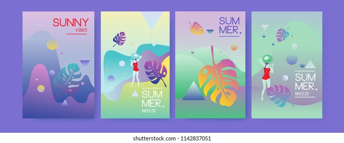 Unique artistic summer cards with bright gradient background,shapes and geometric elements in memphis style.Abstract design cards perfect for prints,flyers,banners,invitations,special offer and more.