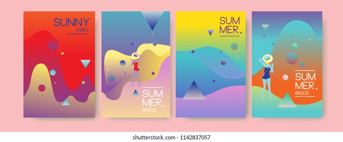 Unique artistic summer cards with bright gradient background,shapes and geometric elements in memphis style.Abstract design cards perfect for prints,flyers,banners,invitations,special offer and more.
