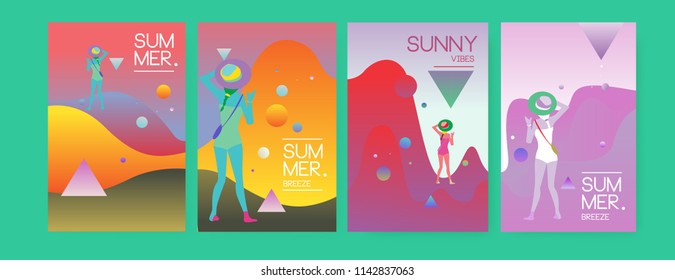 Unique artistic summer cards with bright gradient background,shapes and geometric elements in memphis style.Abstract design cards perfect for prints,flyers,banners,invitations,special offer and more.