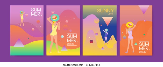 Unique artistic summer cards with bright gradient background,shapes and geometric elements in memphis style.Abstract design cards perfect for prints,flyers,banners,invitations,special offer and more.