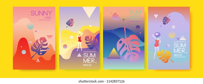 Unique artistic summer cards with bright gradient background,shapes and geometric elements in memphis style.Abstract design cards perfect for prints,flyers,banners,invitations,special offer and more.
