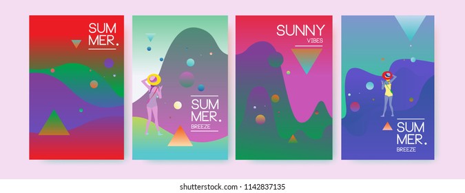 Unique artistic summer cards with bright gradient background,shapes and geometric elements in memphis style.Abstract design cards perfect for prints,flyers,banners,invitations,special offer and more.