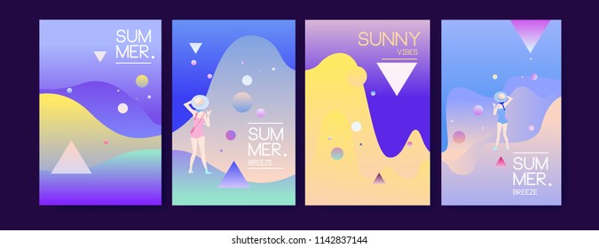 Unique artistic summer cards with bright gradient background,shapes and geometric elements in memphis style.Abstract design cards perfect for prints,flyers,banners,invitations,special offer and more.