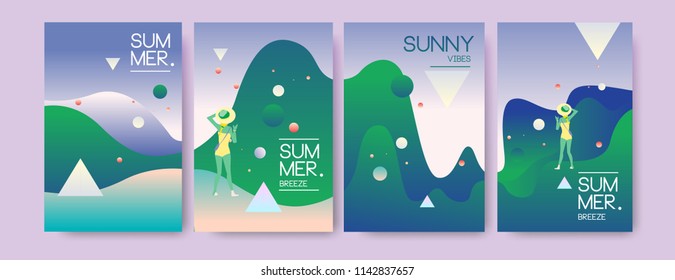 Unique artistic summer cards with bright gradient background,shapes and geometric elements in memphis style.Abstract design cards perfect for prints,flyers,banners,invitations,special offer and more.