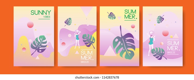 Unique artistic summer cards with bright gradient background,shapes and geometric elements in memphis style.Abstract design cards perfect for prints,flyers,banners,invitations,special offer and more.