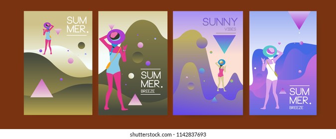 Unique artistic summer cards with bright gradient background,shapes and geometric elements in memphis style.Abstract design cards perfect for prints,flyers,banners,invitations,special offer and more.