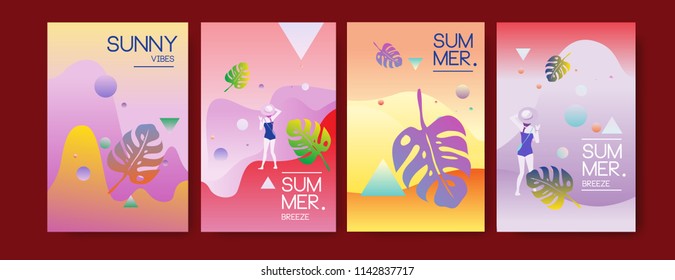 Unique artistic summer cards with bright gradient background,shapes and geometric elements in memphis style.Abstract design cards perfect for prints,flyers,banners,invitations,special offer and more.