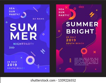 Unique artistic summer cards with bright gradient background,shapes and geometric elements in memphis style.Abstract design cards perfect for prints,flyers,banners,invitations,special offer and more. 