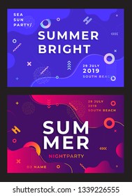 Unique artistic summer cards with bright gradient background,shapes and geometric elements in memphis style.Abstract design cards perfect for prints,flyers,banners,invitations,special offer and more. 