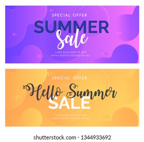 Unique artistic summer cards with bright gradient background,shapes and geometric elements in memphis style.Abstract design cards perfect for prints,flyers,banners,invitations,special offer and more. 