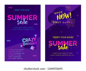 Unique artistic summer cards with bright gradient background,shapes and geometric elements in memphis style.Abstract design cards perfect for prints,flyers,banners,invitations,special offer and more. 