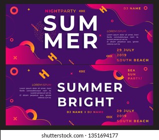 Unique artistic summer cards with bright gradient background,shapes and geometric elements in memphis style.Abstract design cards perfect for prints,flyers,banners,invitations,special offer and more. 