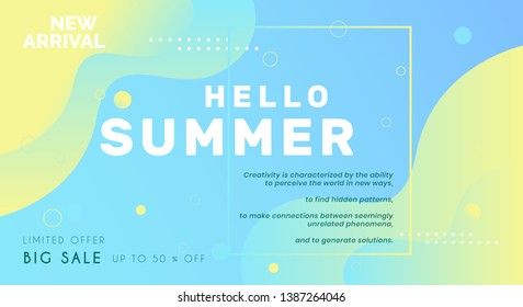 Unique artistic summer cards with bright gradient background,shapes and geometric elements in memphis style.Abstract design cards perfect for prints,flyers,banners,invitations,special offer and more. 