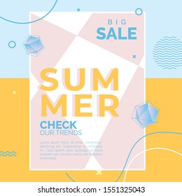 Unique artistic summer cards with bright gradient background,shapes and geometric elements in memphis style.Abstract design cards perfect for prints,flyers,banners,invitations,special offer and more.