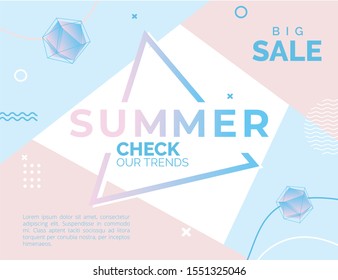 Unique artistic summer cards with bright gradient background,shapes and geometric elements in memphis style.Abstract design cards perfect for prints,flyers,banners,invitations,special offer and more.