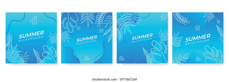 Unique artistic summer cards with bright gradient background, floral shapes and geometric elements in memphis style. Abstract design cards perfect for print, flier, banner, invitation, special offer