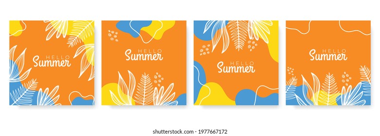 Unique artistic summer cards with bright gradient background, floral shapes and geometric elements in memphis style. Abstract design cards perfect for print, flier, banner, invitation, special offer