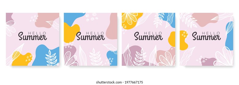 Unique artistic summer cards with bright gradient background, floral shapes and geometric elements in memphis style. Abstract design cards perfect for print, flier, banner, invitation, special offer