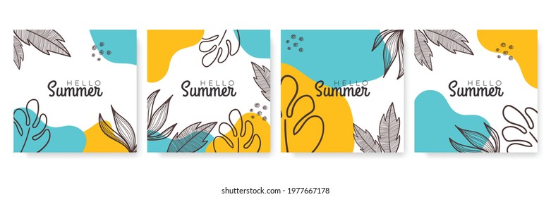 Unique artistic summer cards with bright gradient background, floral shapes and geometric elements in memphis style. Abstract design cards perfect for print, flier, banner, invitation, special offer
