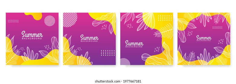 Unique artistic summer cards with bright gradient background, floral shapes and geometric elements in memphis style. Abstract design cards perfect for print, flier, banner, invitation, special offer