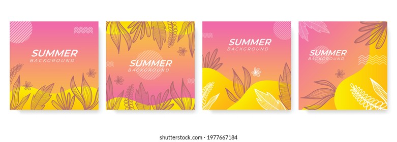 Unique artistic summer cards with bright gradient background, floral shapes and geometric elements in memphis style. Abstract design cards perfect for print, flier, banner, invitation, special offer