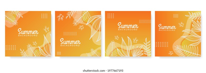 Unique artistic summer cards with bright gradient background, floral shapes and geometric elements in memphis style. Abstract design cards perfect for print, flier, banner, invitation, special offer