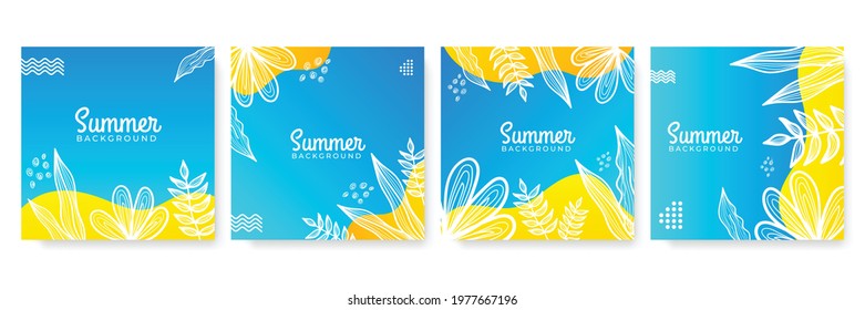 Unique artistic summer cards with bright gradient background, floral shapes and geometric elements in memphis style. Abstract design cards perfect for print, flier, banner, invitation, special offer