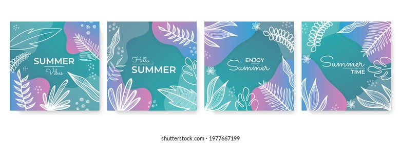 Unique artistic summer cards with bright gradient background, floral shapes and geometric elements in memphis style. Abstract design cards perfect for print, flier, banner, invitation, special offer