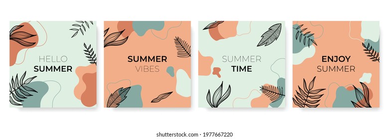 Unique artistic summer cards with bright gradient background, floral shapes and geometric elements in memphis style. Abstract design cards perfect for print, flier, banner, invitation, special offer