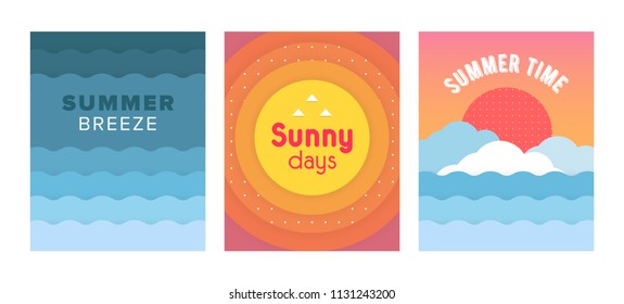 Unique artistic summer cards set with bright gradient background,shapes and geometric elements .Abstract design cards perfect for prints,flyers,banners,invitations,special offer and more
