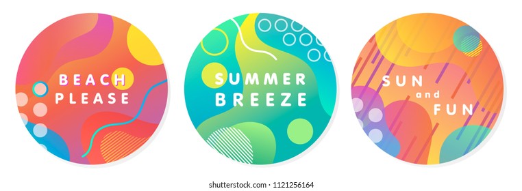 Unique artistic summer stickers with gradient background,shapes and geometric elements in memphis style.Abstract design cards perfect for prints,flyers,banners,invitations,special offer and more.